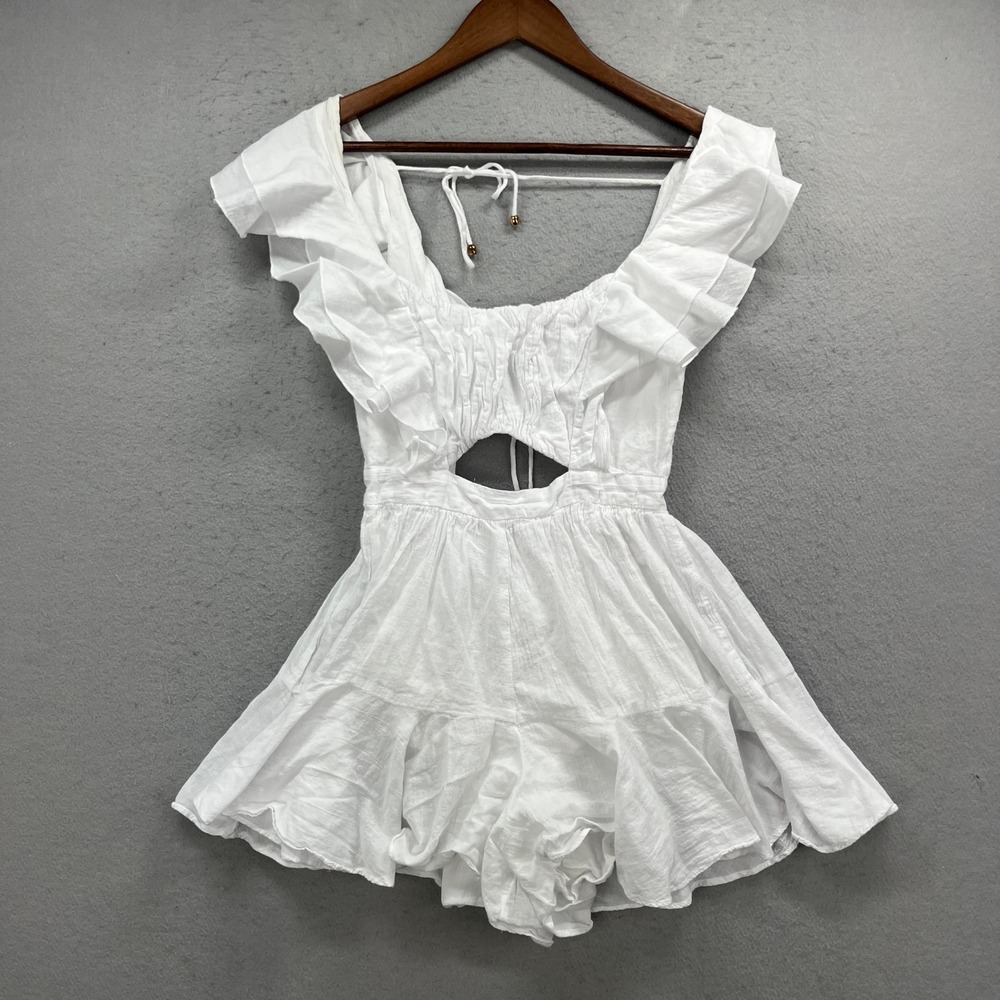 Selfie Leslie Romper Womens S White Ruffle Cutout Coastal Coquette Beach Boho
